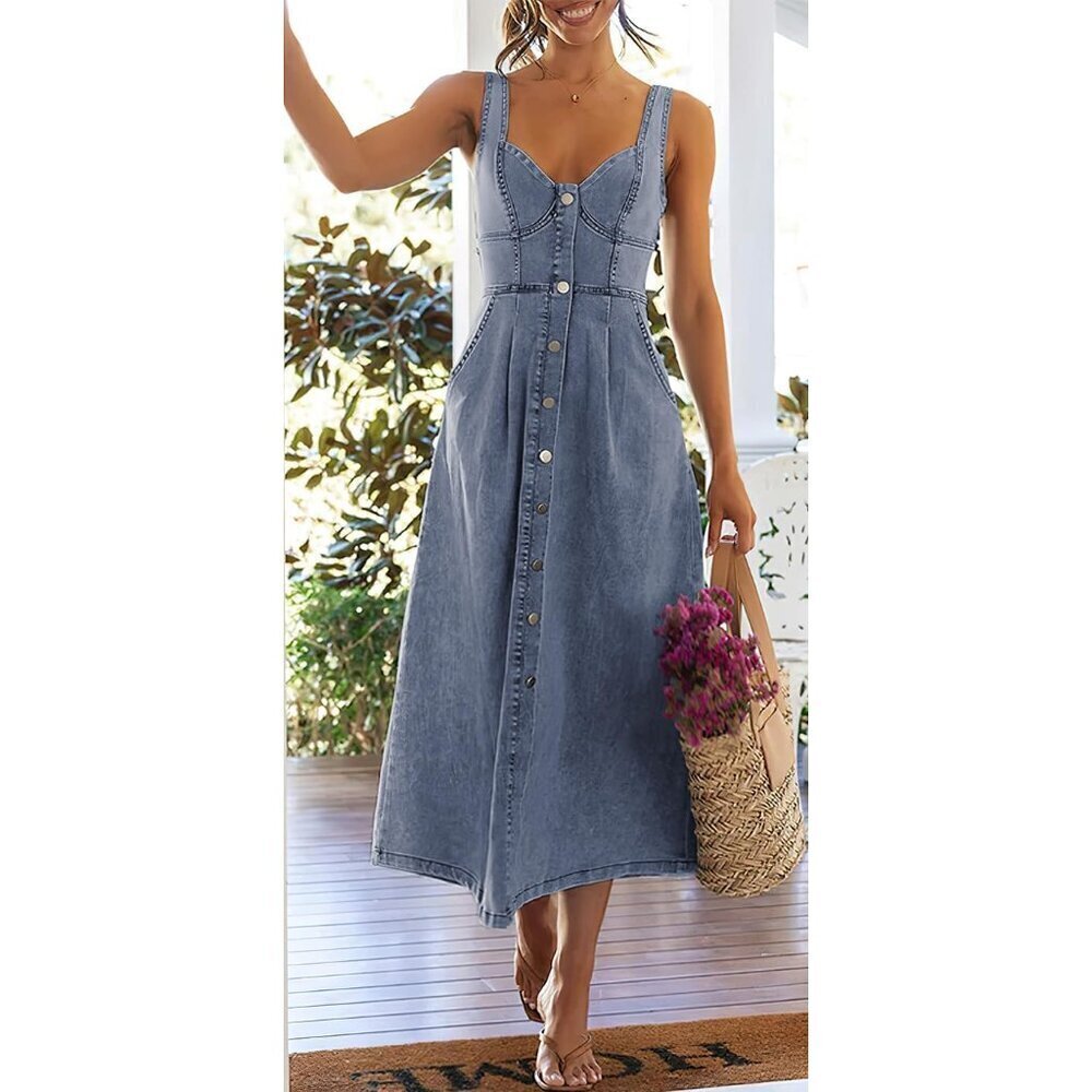 Stretchy Smocked Denim Dress Women Sleeveless Button Down Midi Casual - Picture 3 of 7